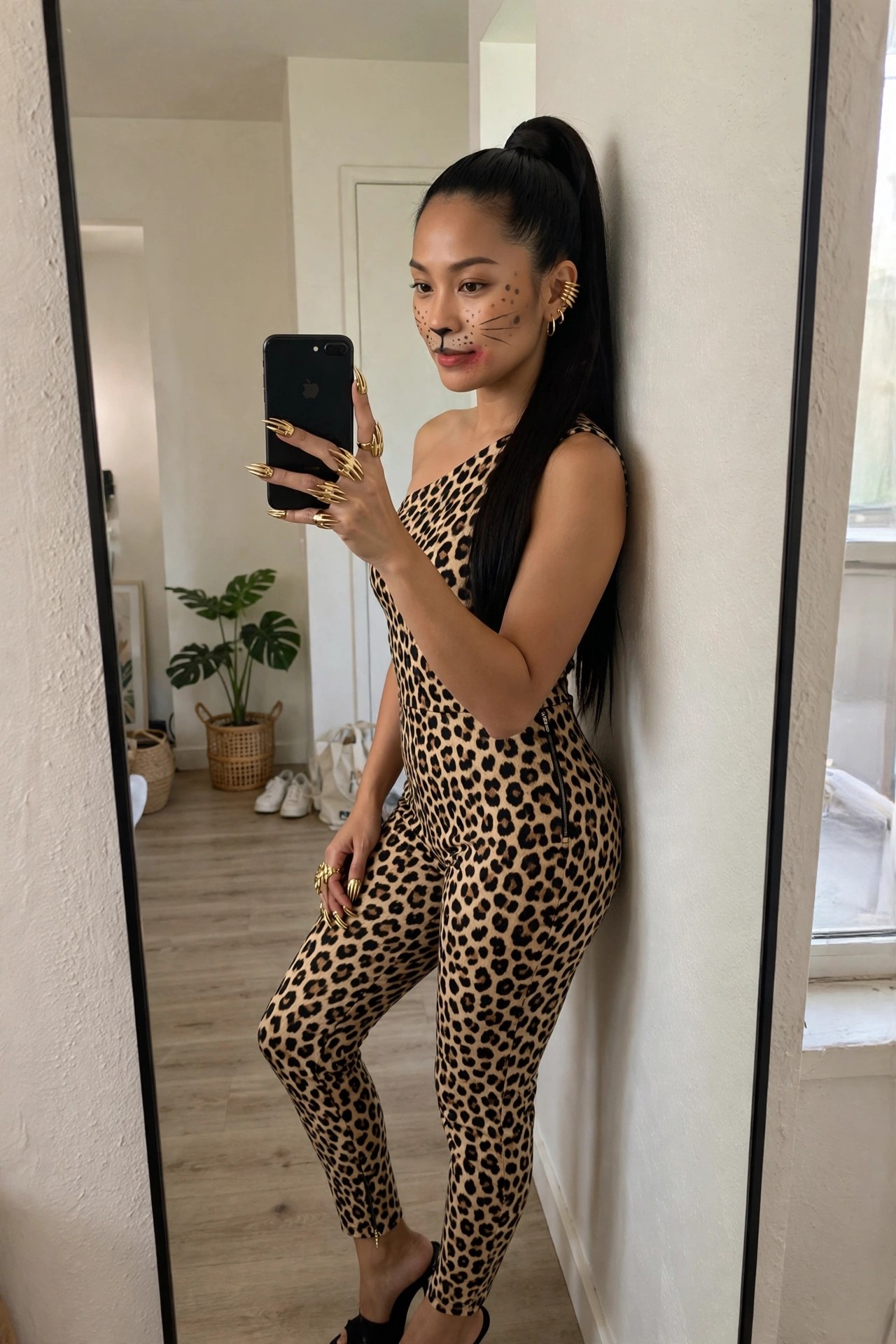 Woman in a leopard print one-shoulder jumpsuit with cheetah face paint, high ponytail, and gold claw rings on her fingers.