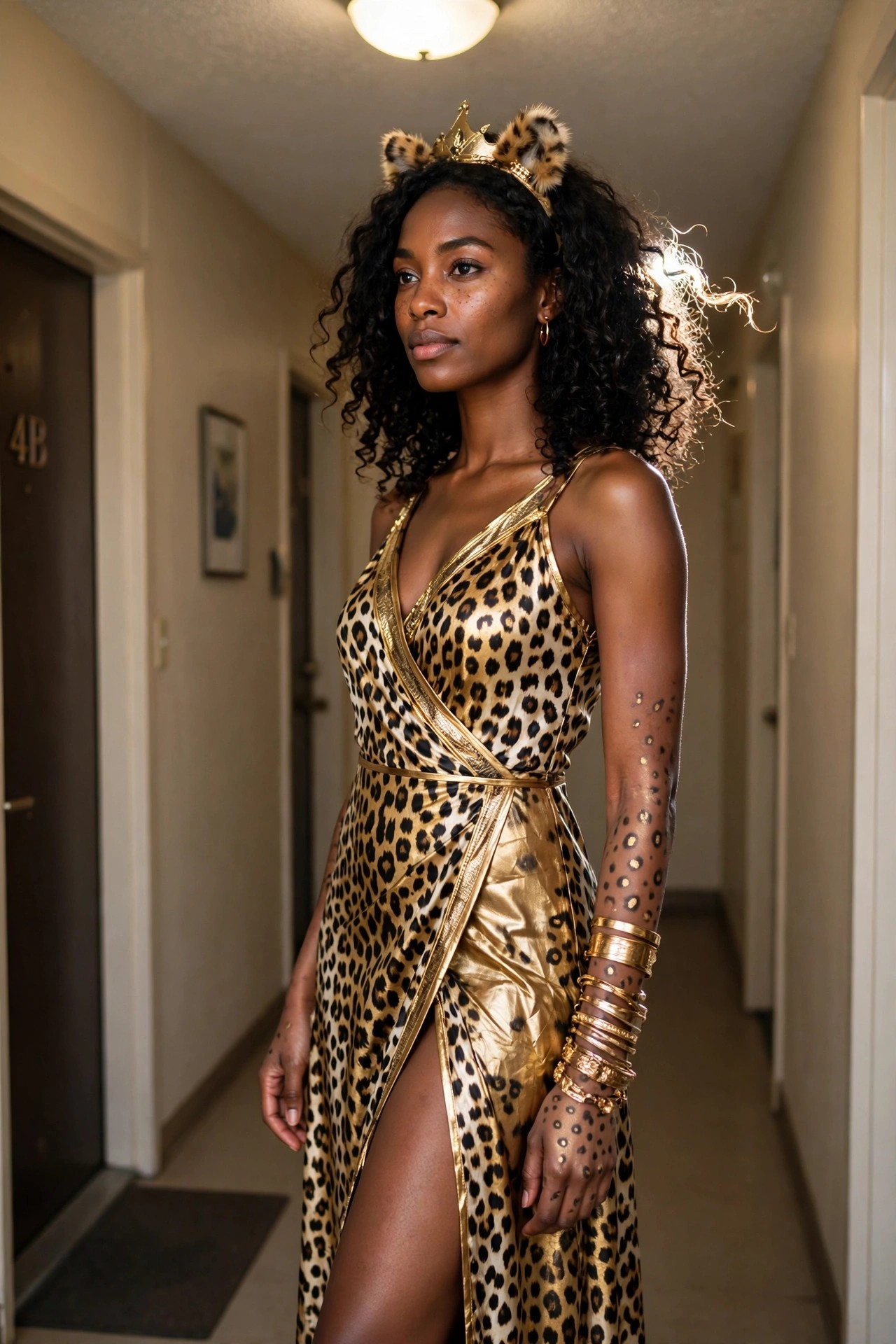 Woman wearing a gold trimmed leopard print wrap dress with matching arm sleeves, stacked gold bangles, and a leopard ear crown with small gold crown on top.