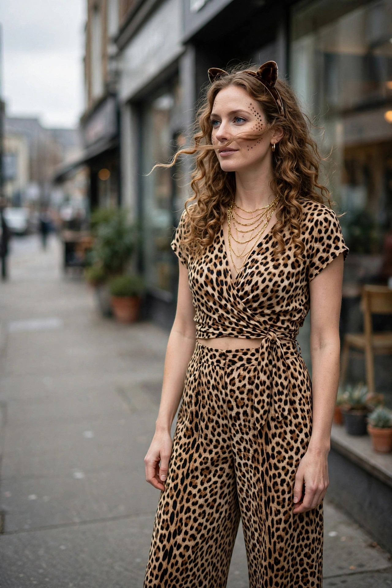 Woman wearing a cheetah print wrap crop top and matching wide leg pants with cat ear headband and dotted face paint.