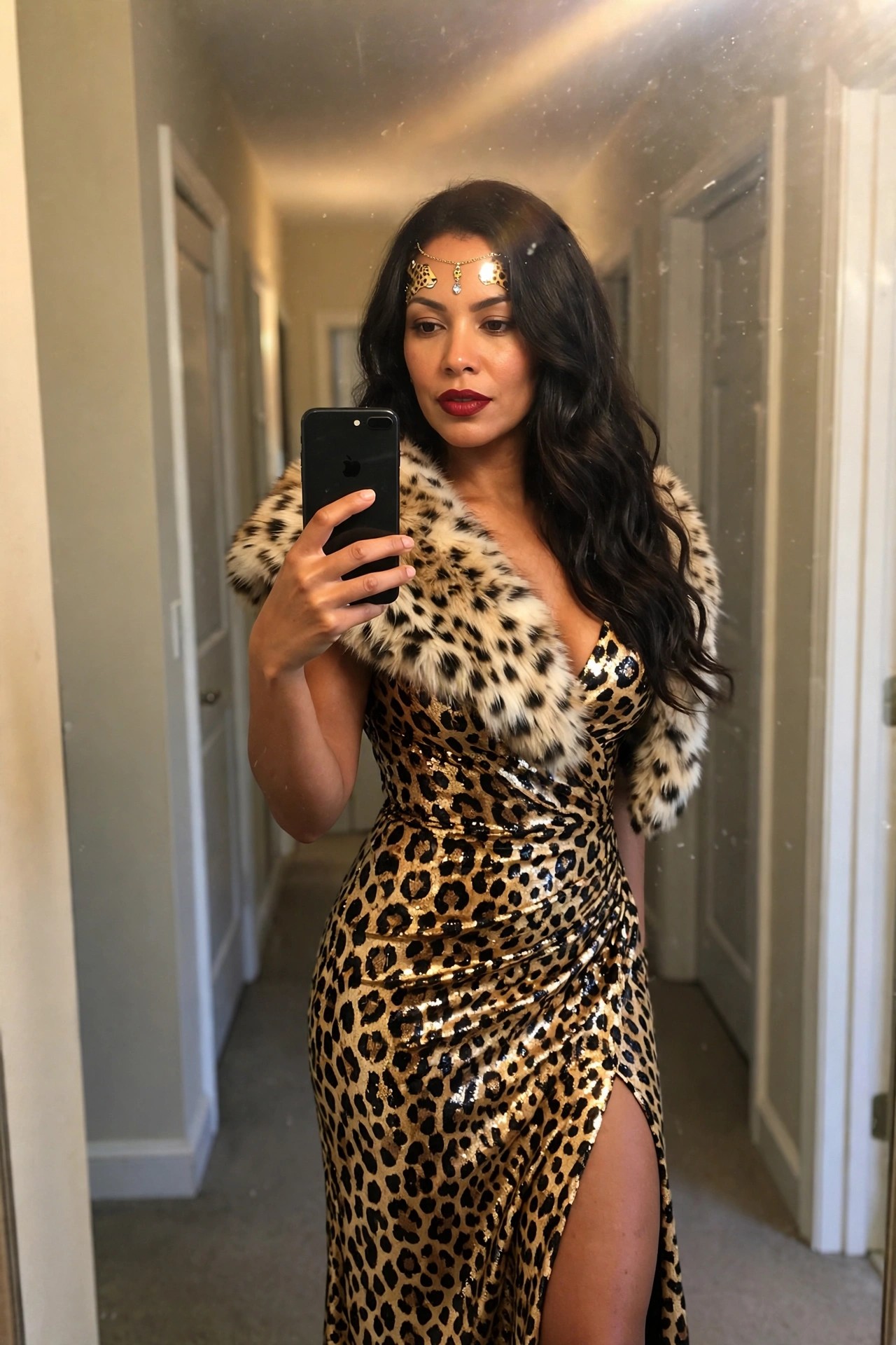 Woman wearing a gold and black cheetah print sequin ruched dress with a spotted faux fur collar and a small gold leopard headpiece while taking a mirror selfie.