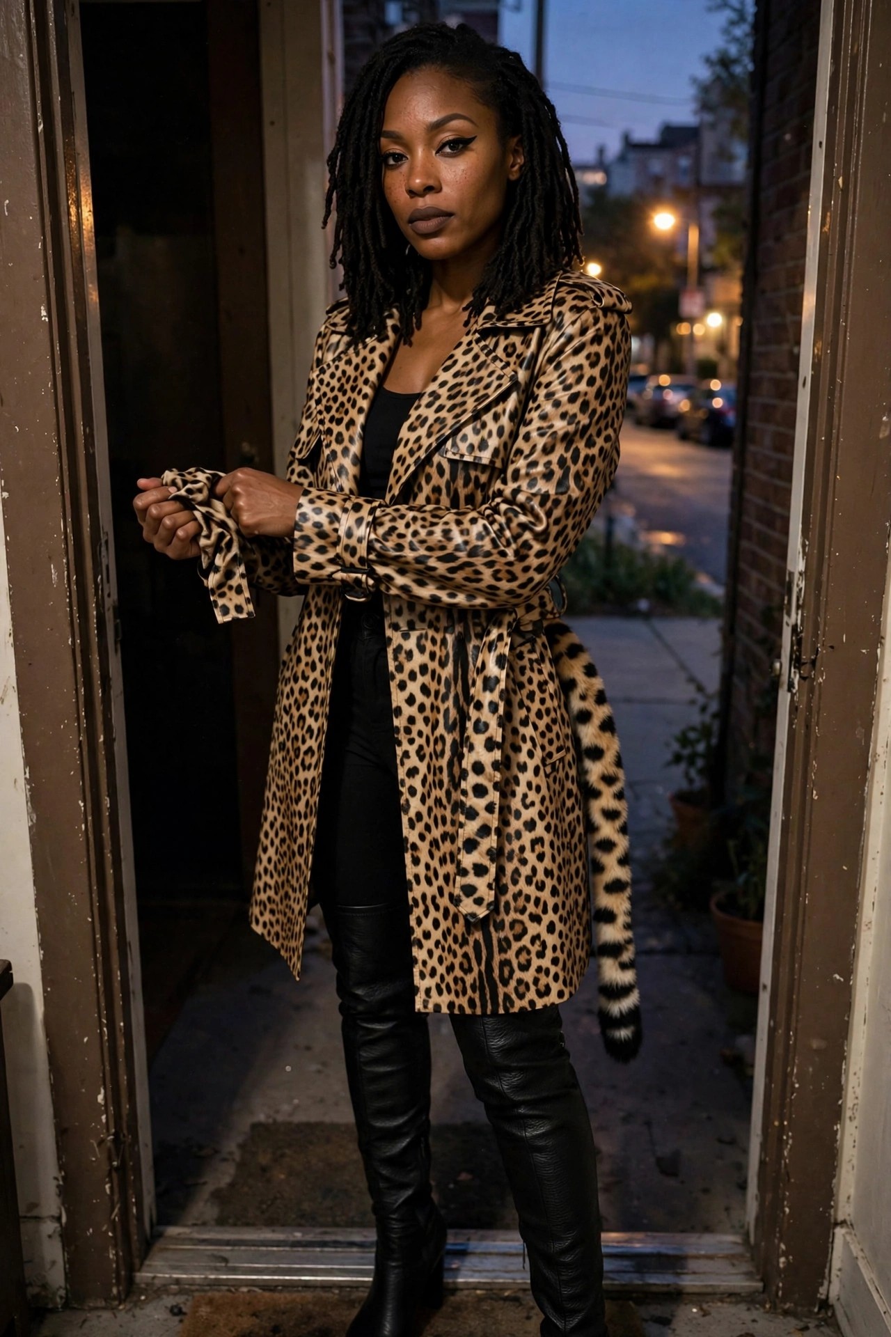 Woman wearing a long cheetah print trench coat with attached tail, black top, black pants, and black boots, standing in a doorway at dusk.