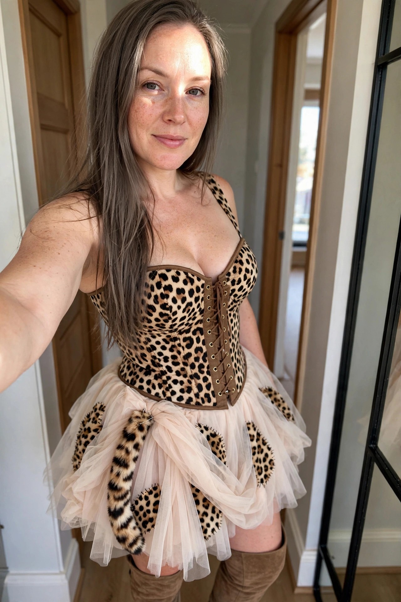 Woman wearing a leopard print corset with brown lacing paired with a beige tulle skirt that has leopard patches and a matching tail, plus brown knee high boots.