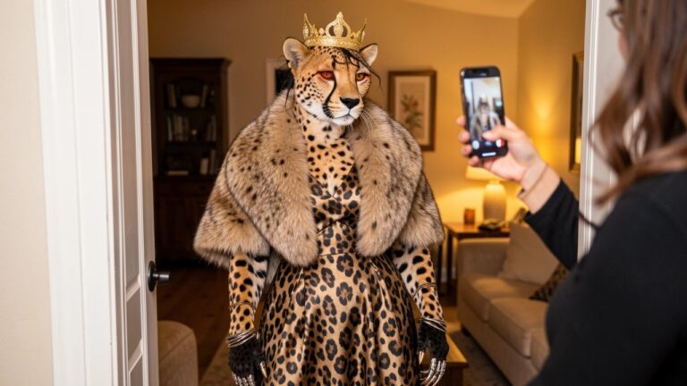 Crowned leopard in leopard-print gown and fur stole stands in elegant room