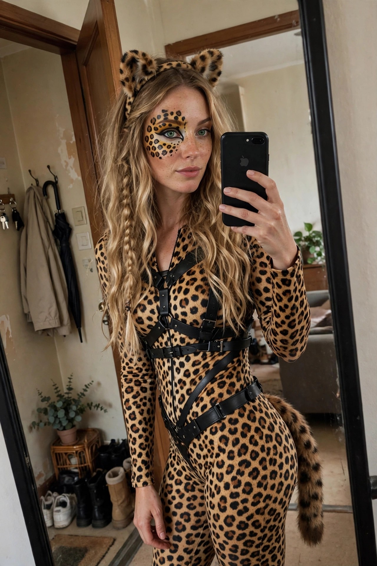 Woman wearing a full body leopard print jumpsuit with black harness straps, cat ear headband, and matching tail, plus cheetah style face paint.