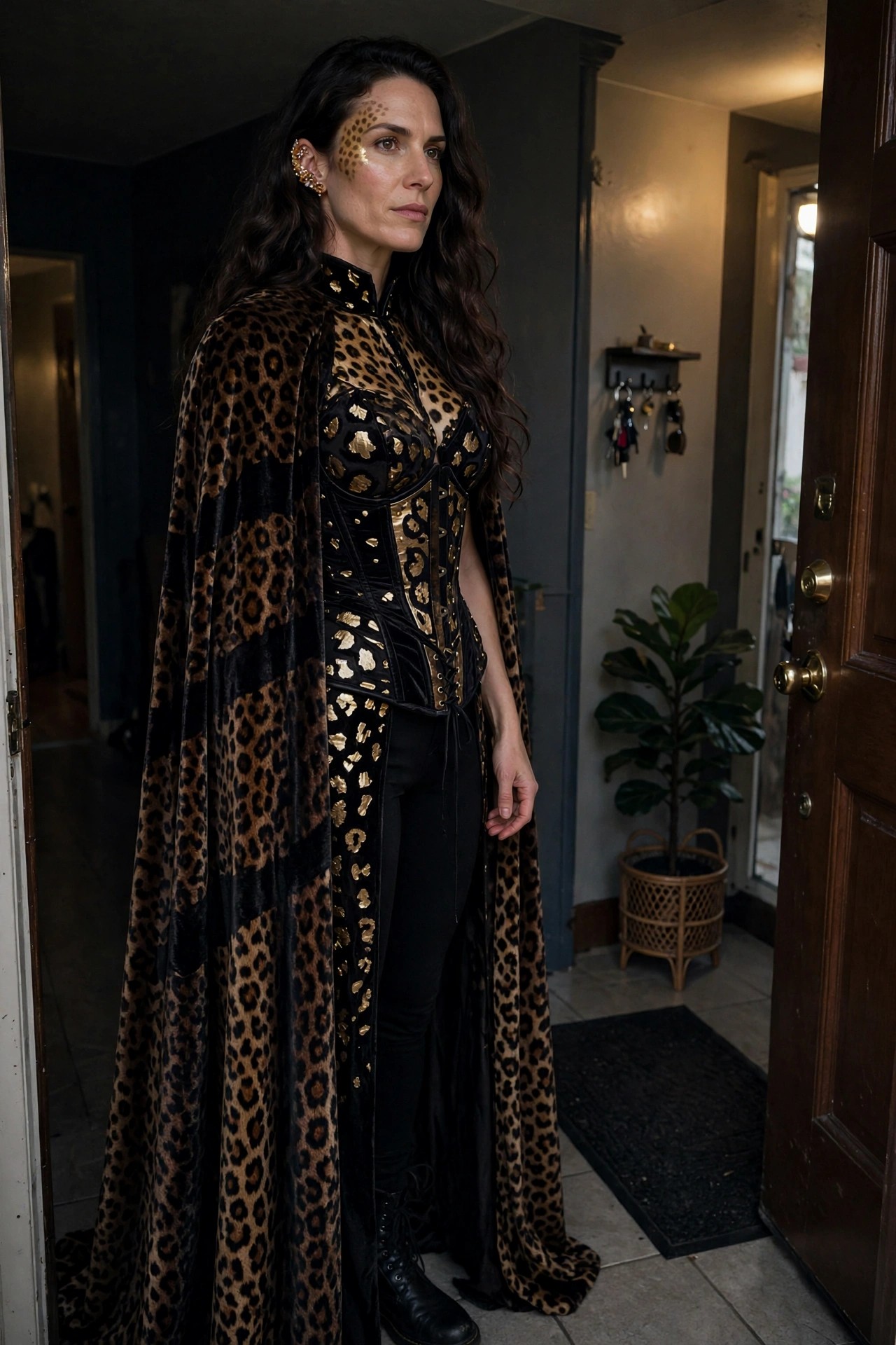 Woman wearing a long leopard print velvet cape over a black and gold foil corset bodysuit with matching face paint spots.