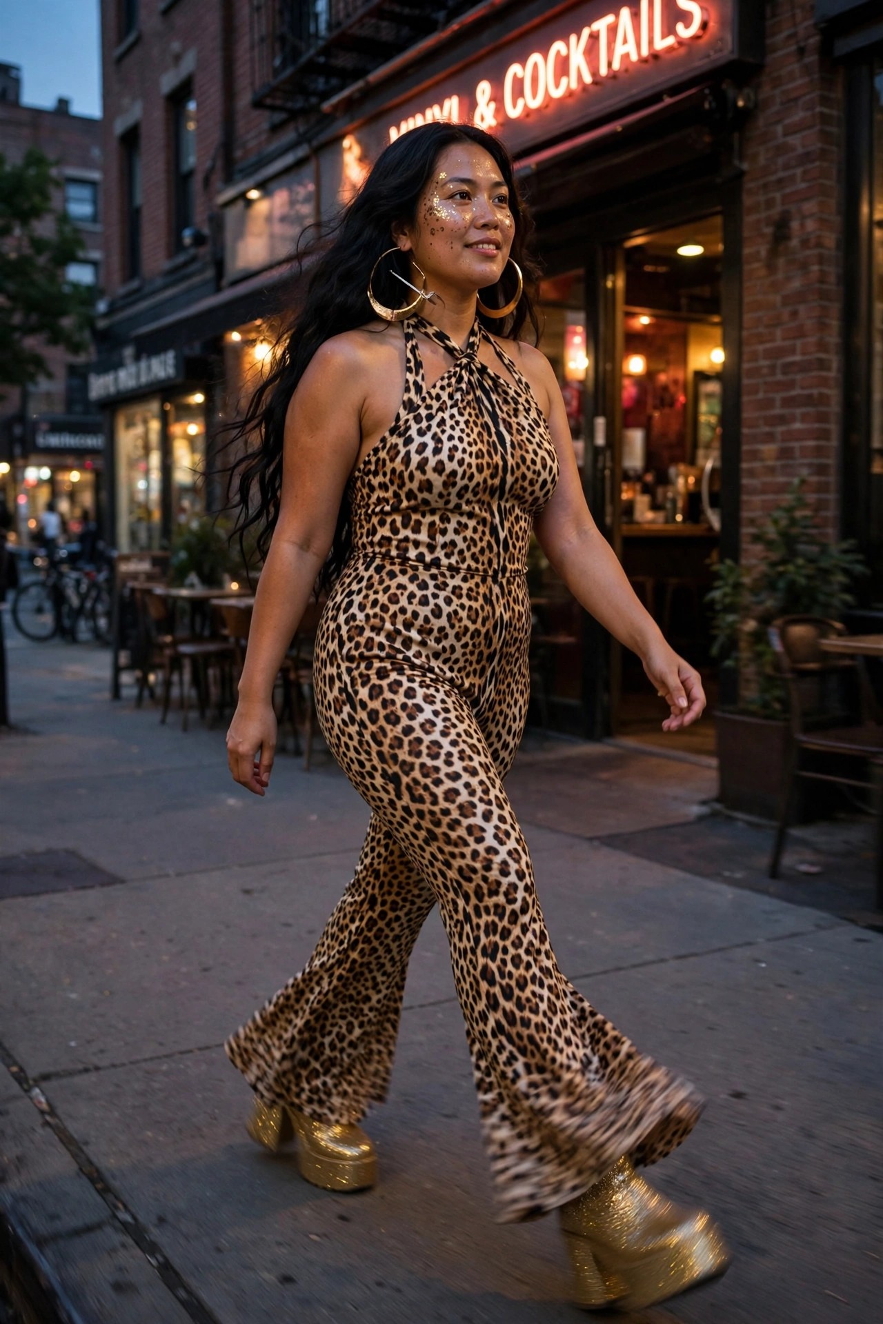 Woman wearing a leopard print halter jumpsuit with flared pants and gold glitter platform boots, large gold hoop earrings, and subtle face glitter.