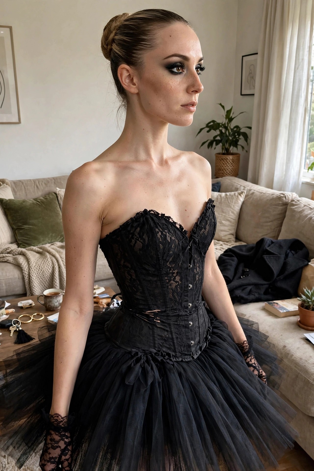 Woman wearing a black lace strapless corset with a full black tulle skirt, lace gloves, and an updo hairstyle.