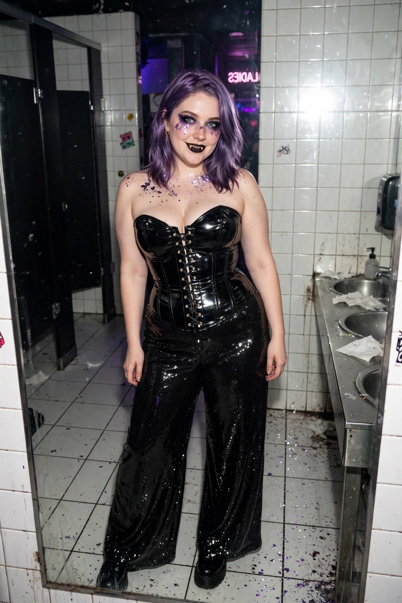 Woman wearing a black shiny corset with gold front lacing and black sequin wide leg pants, standing in a tiled bathroom with purple hair and dark makeup.