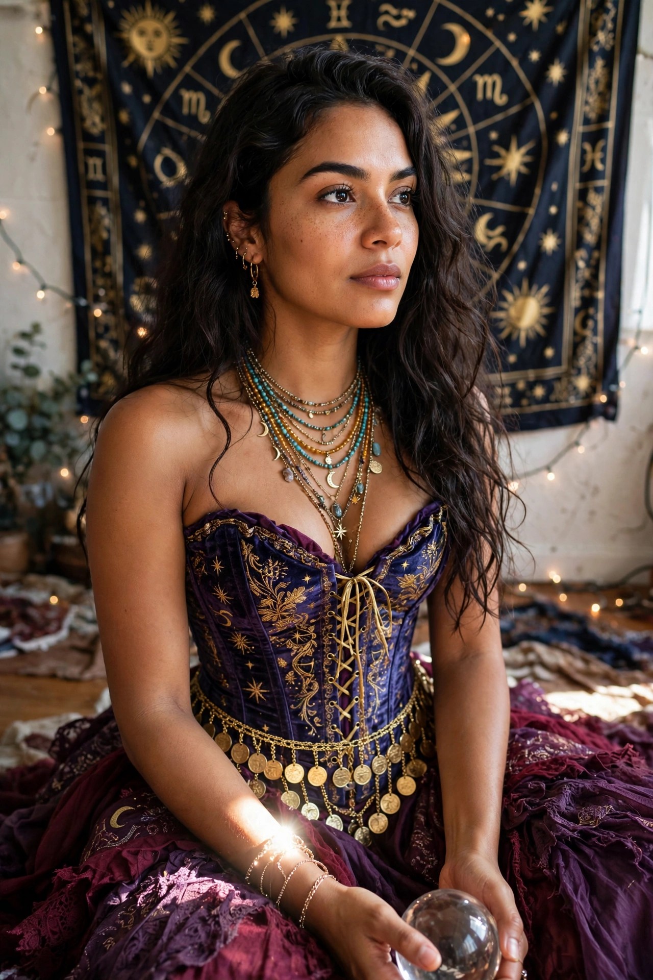Woman wearing a purple velvet corset with gold star and moon embroidery, coin belt, layered moon necklaces, and maroon skirt while holding a crystal ball.