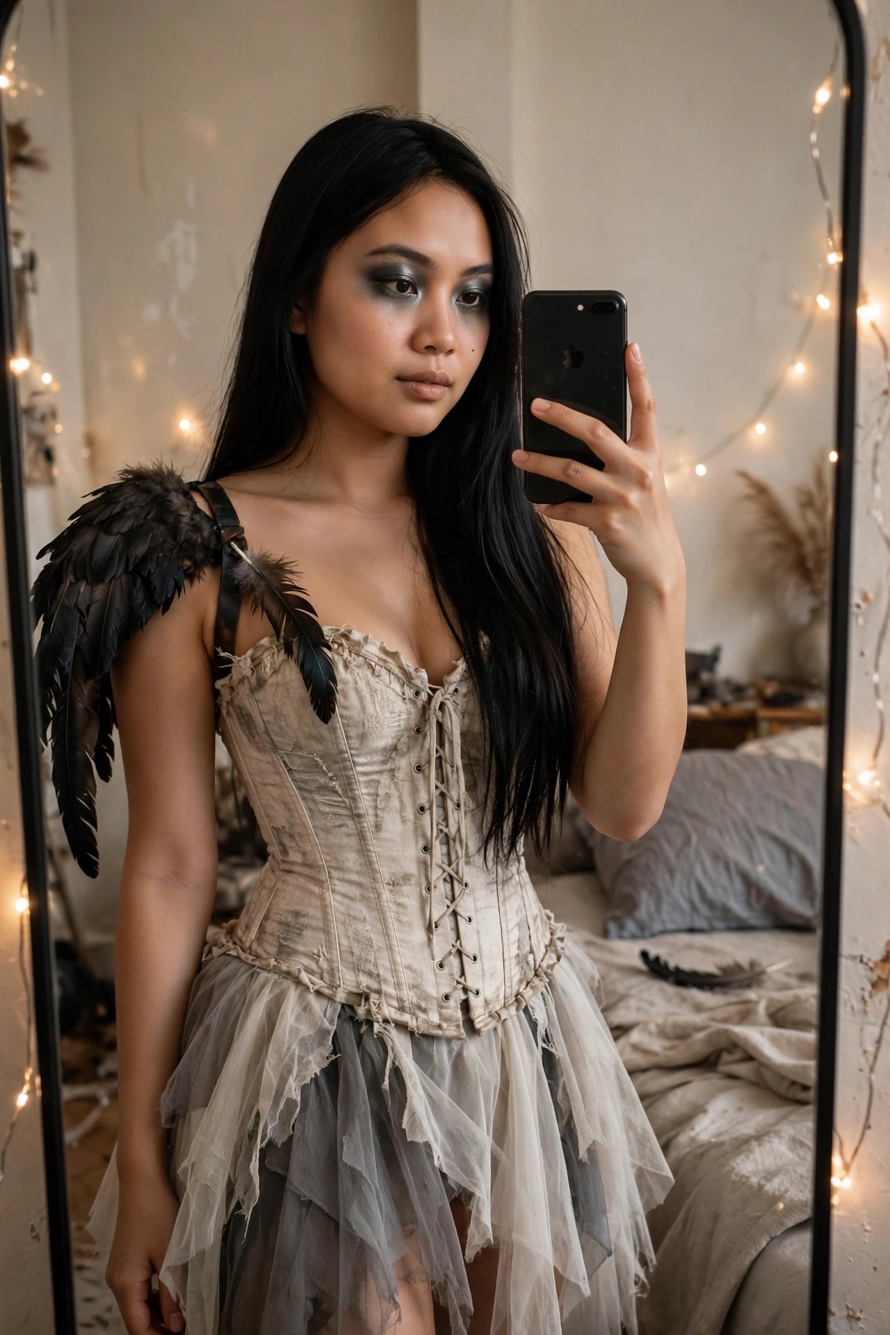 Woman in a distressed beige corset and layered gray tulle skirt wearing a single black feathered wing on one shoulder, taking a mirror selfie.