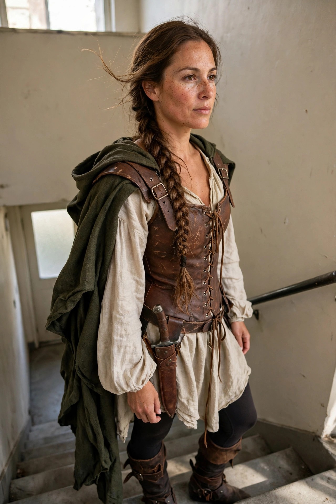 Woman wearing a brown leather corset over a cream blouse with a green hooded cloak, side braid, and dagger sheath on her belt.