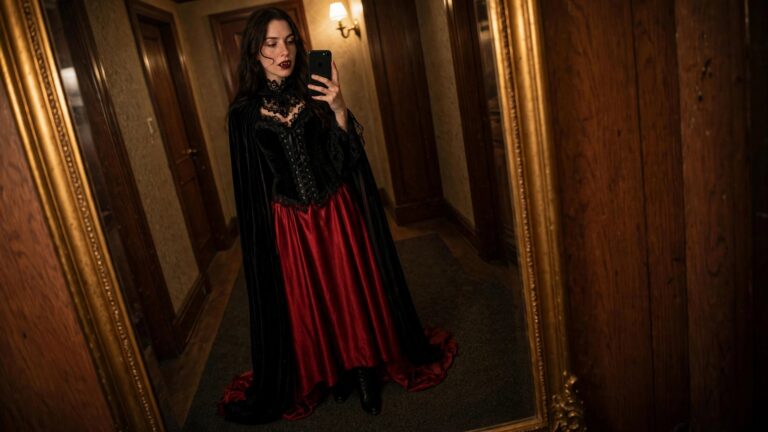 Woman wearing a black velvet corset with lace details and front lacing, black cape, and red satin skirt while holding a black smartphone for a mirror selfie, styled as a gothic vampire costume.
