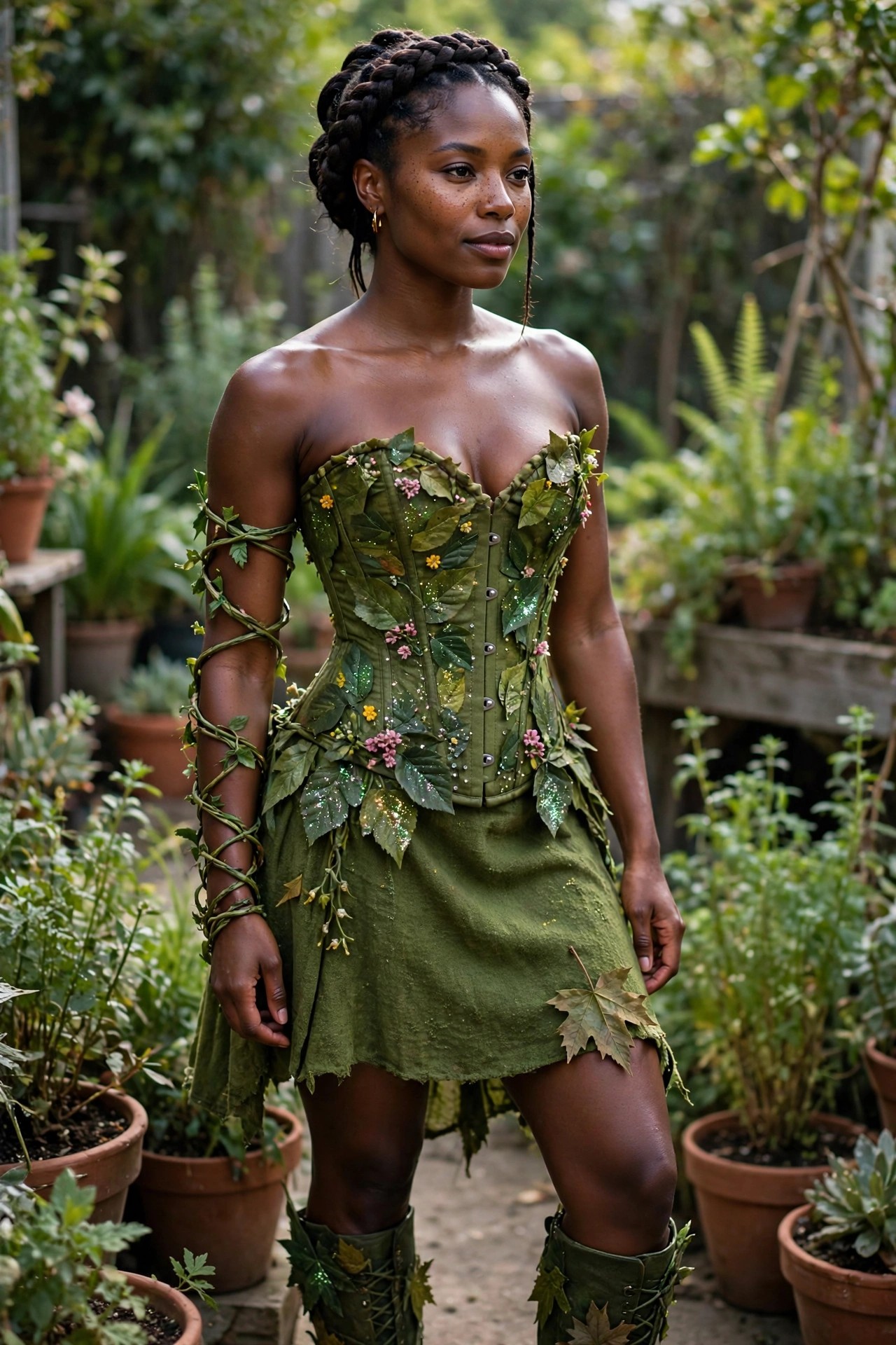 Woman wearing a green leaf covered corset with vine wrapped arms, matching skirt, and leaf decorated boots in a forest fairy costume style.