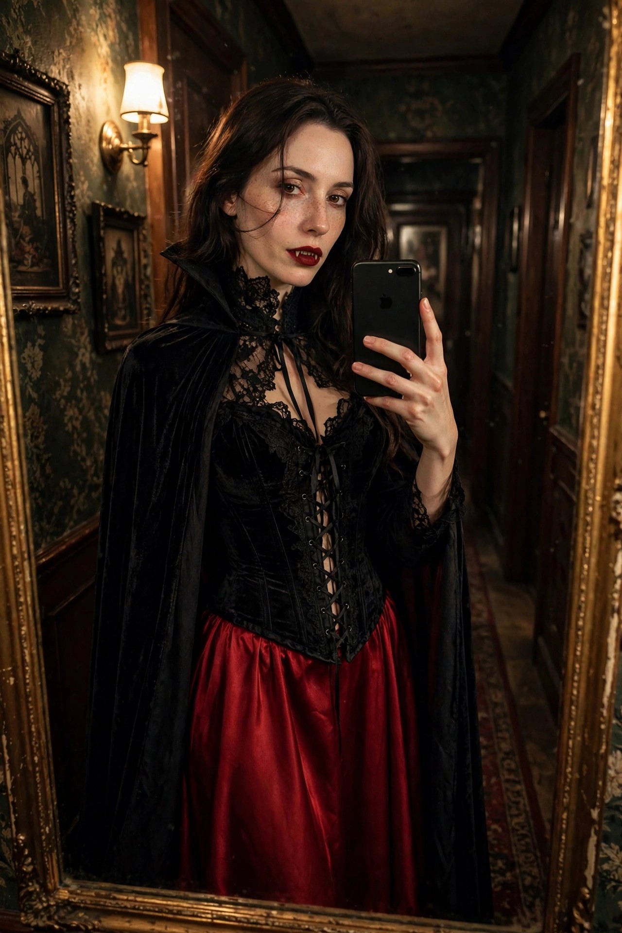 Woman wearing a black velvet corset with lace details and front lacing, black cape, and red satin skirt while holding a black smartphone for a mirror selfie, styled as a gothic vampire costume.