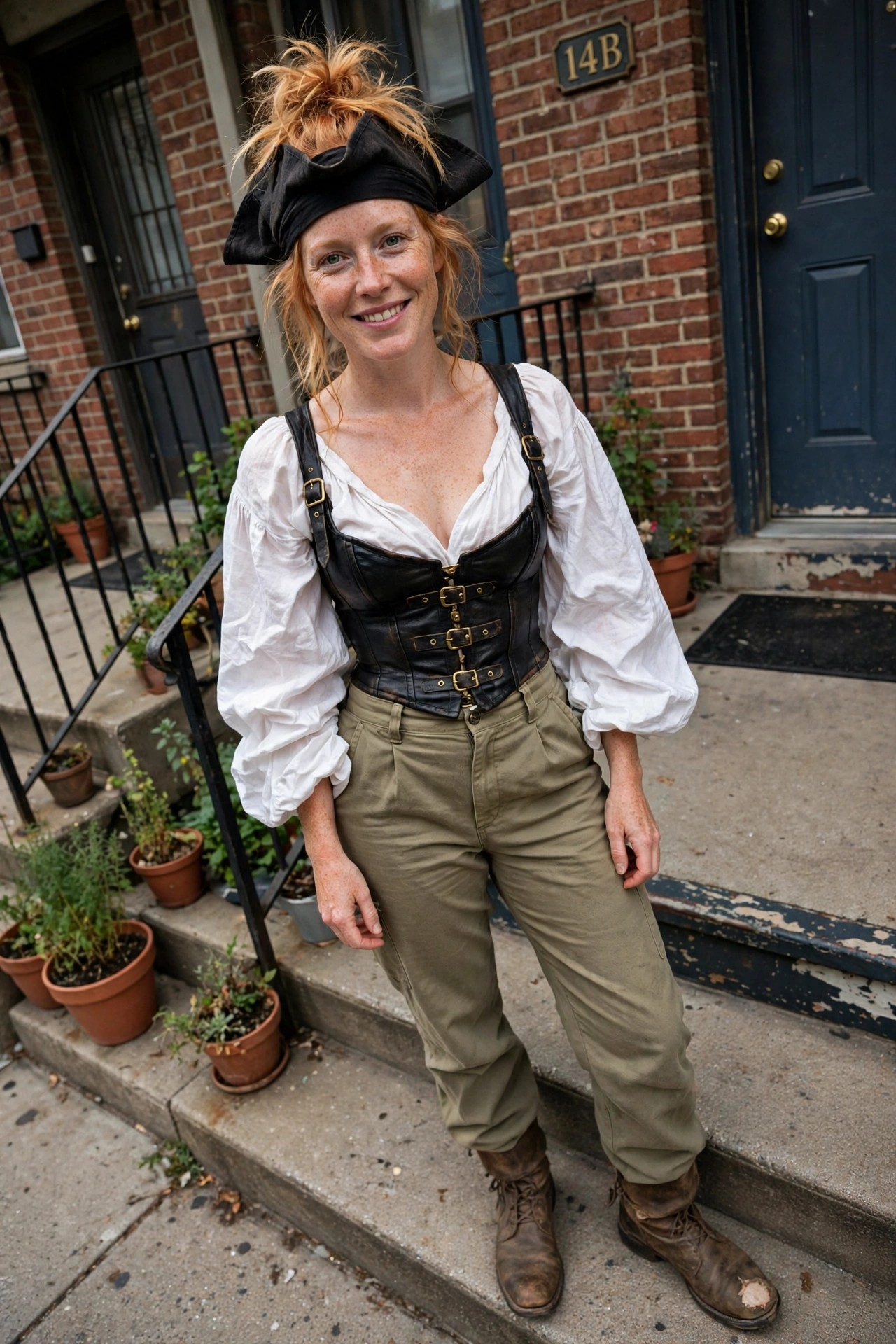 Woman wearing a black corset with gold buckles over a white blouse paired with green pants brown boots and a black bandana for a pirate costume.