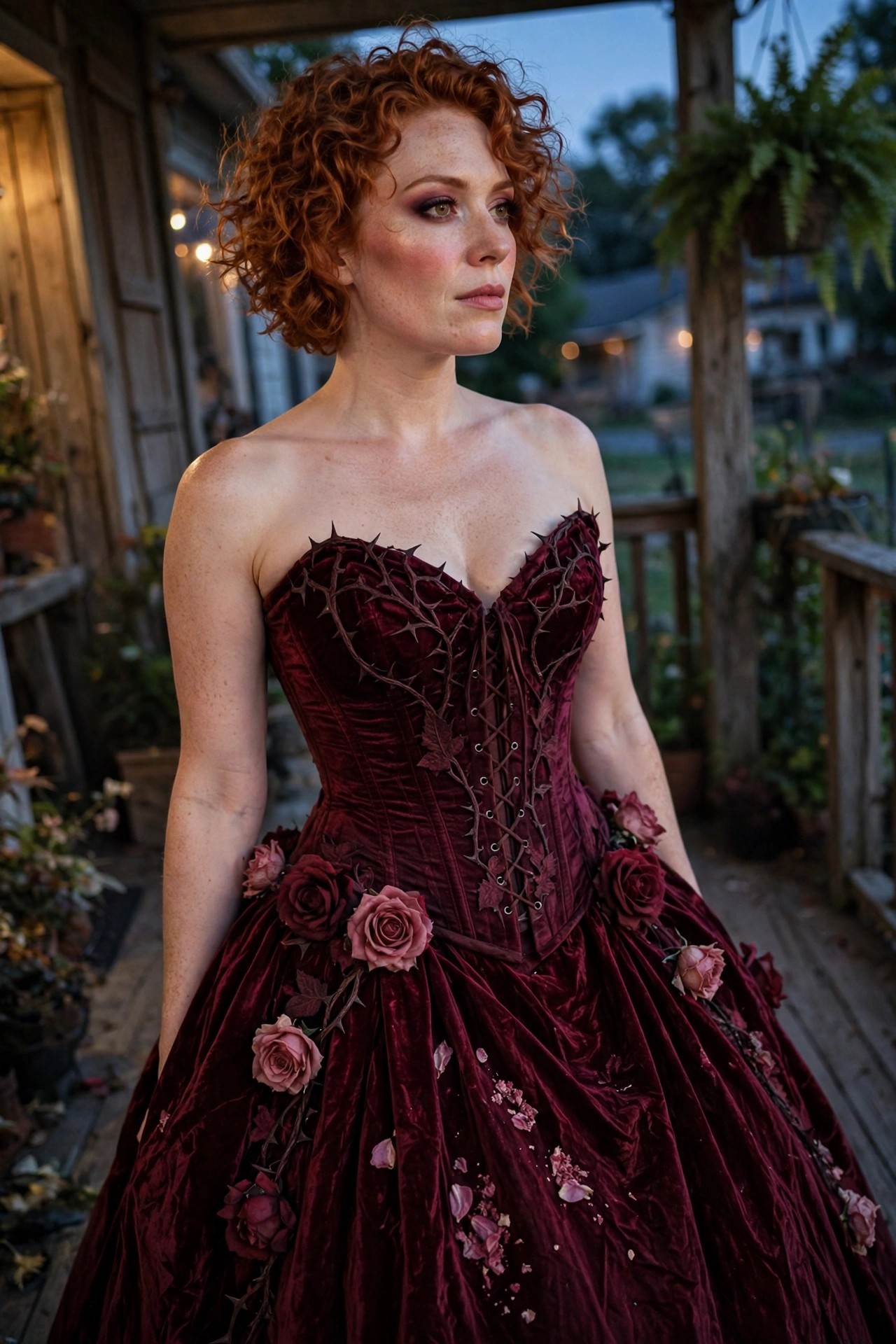 Woman wearing a strapless burgundy velvet corset gown with thorny branch embroidery, lace up front, and scattered roses and petals on the full skirt.