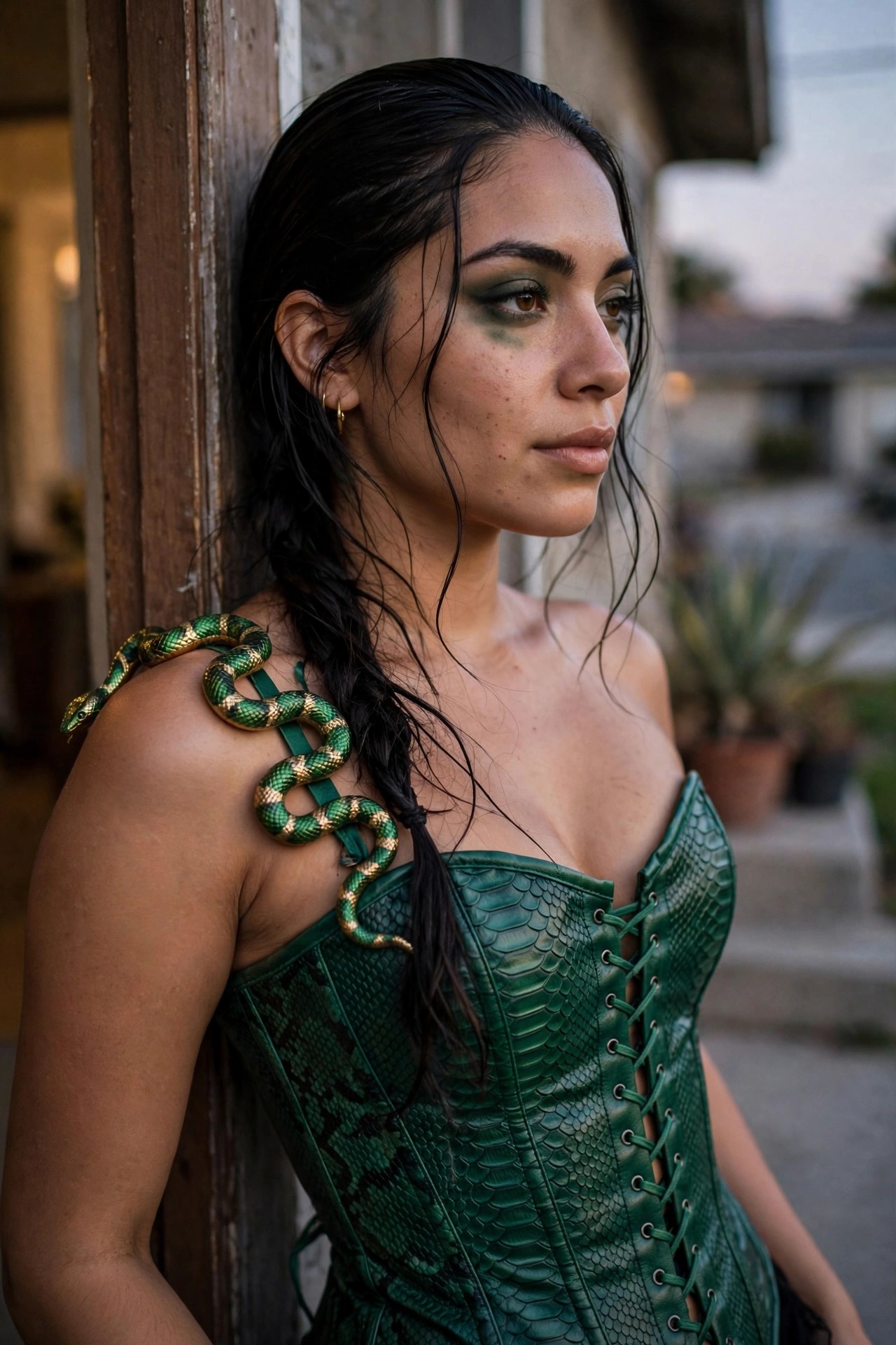 Woman wearing a green snakeskin corset top with a matching green and gold snake draped over her shoulder.