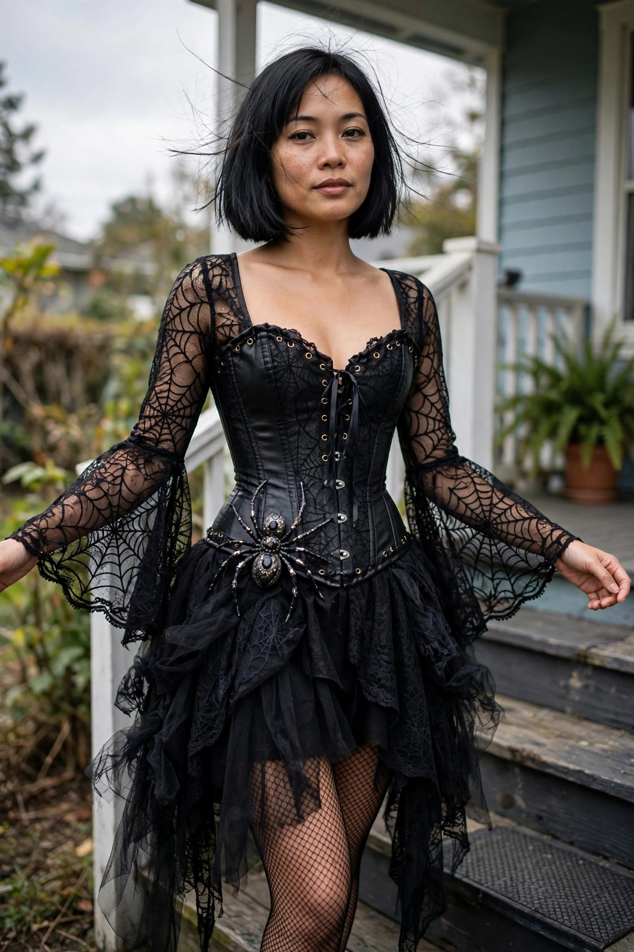 Woman wearing black corset with spider brooch, spiderweb lace sleeves, layered black tulle skirt, and fishnet tights.