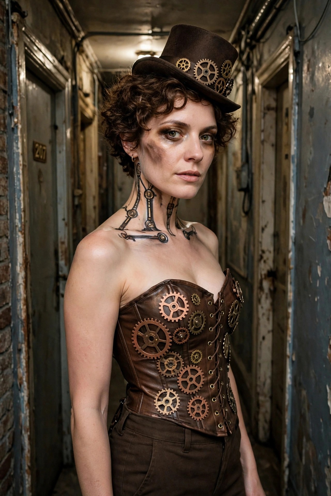 Woman wearing a brown leather corset covered in brass and copper gears, paired with a gear decorated top hat and mechanical body paint on her neck and shoulders.