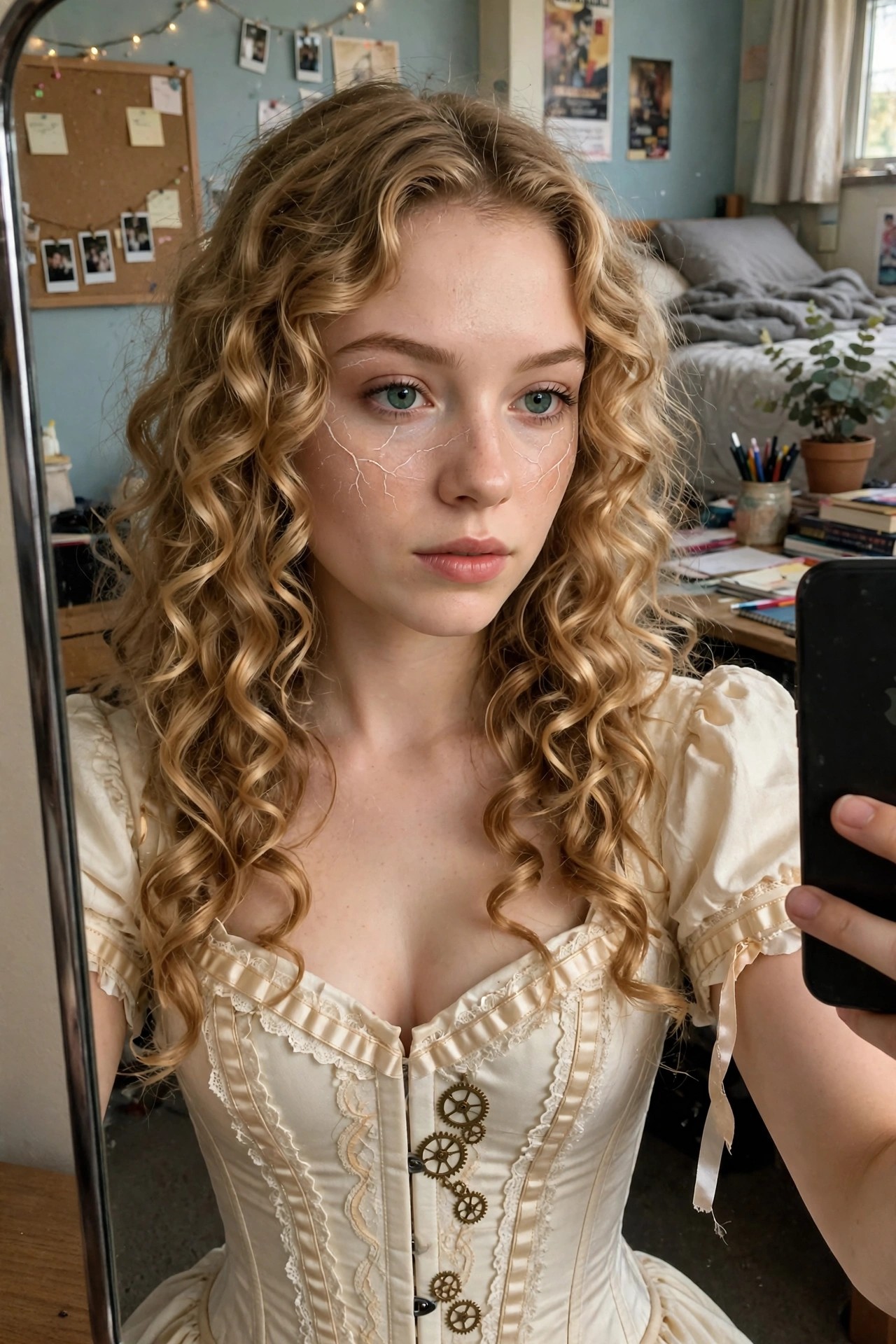 Woman wearing a cream corset dress with attached brass gears and cracked porcelain doll makeup on her face.