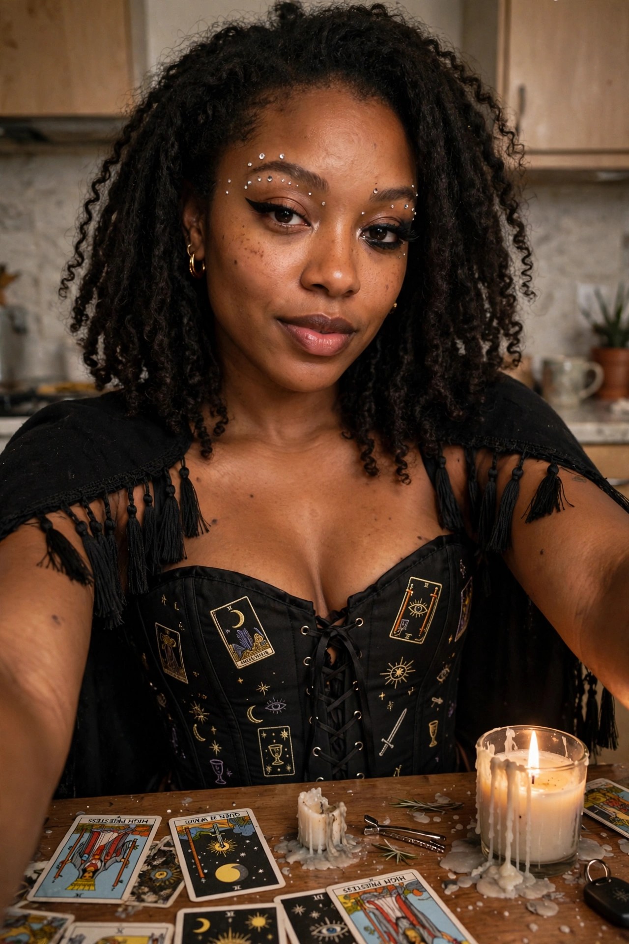 Woman wearing a black corset printed with tarot cards and a tasseled black cape, seated at a wooden table with lit candles and tarot cards spread out.