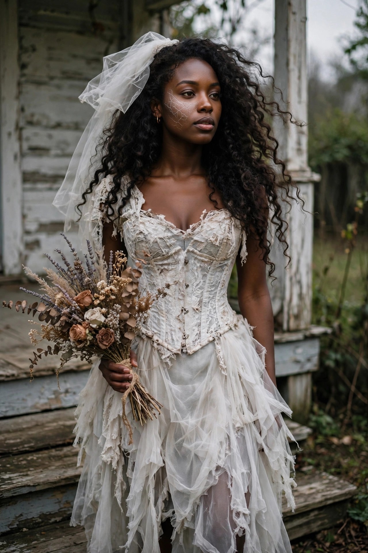 Woman wearing a white shredded corset and layered tulle skirt with a short veil, holding a dried flower bouquet, standing on wooden steps in front of a weathered house.