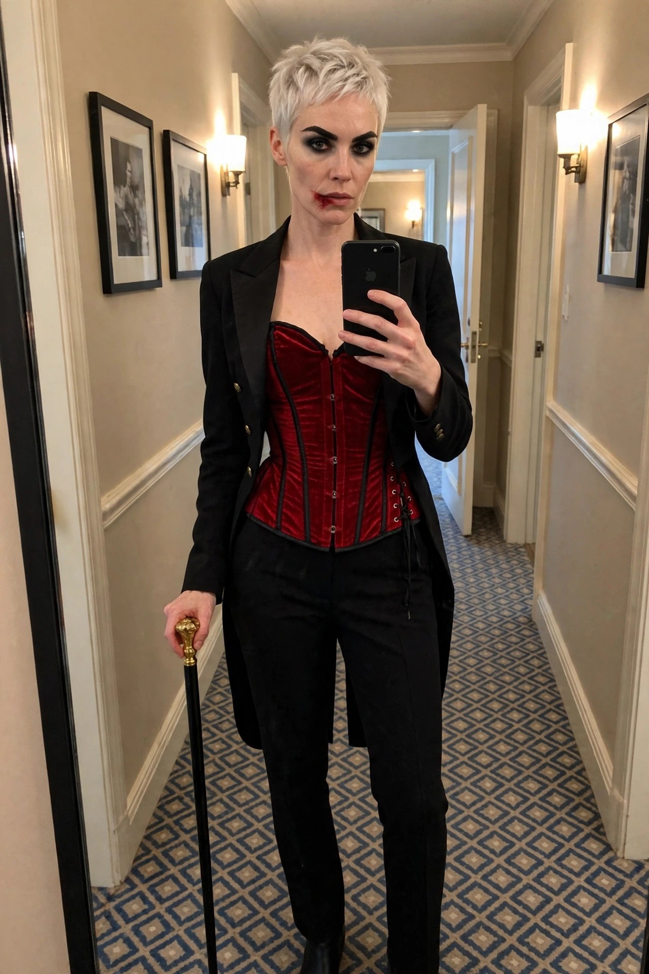 Person wearing a red velvet corset under a black tailcoat jacket with black pants, holding a cane, short white hair, dark eye makeup and fake blood at the mouth.