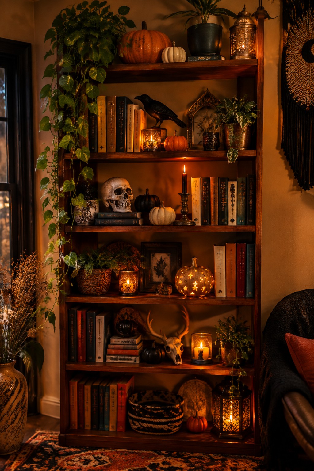 Wooden bookshelf filled with books, plants, and multiple pumpkins including a carved glowing one, along with skulls and candles.