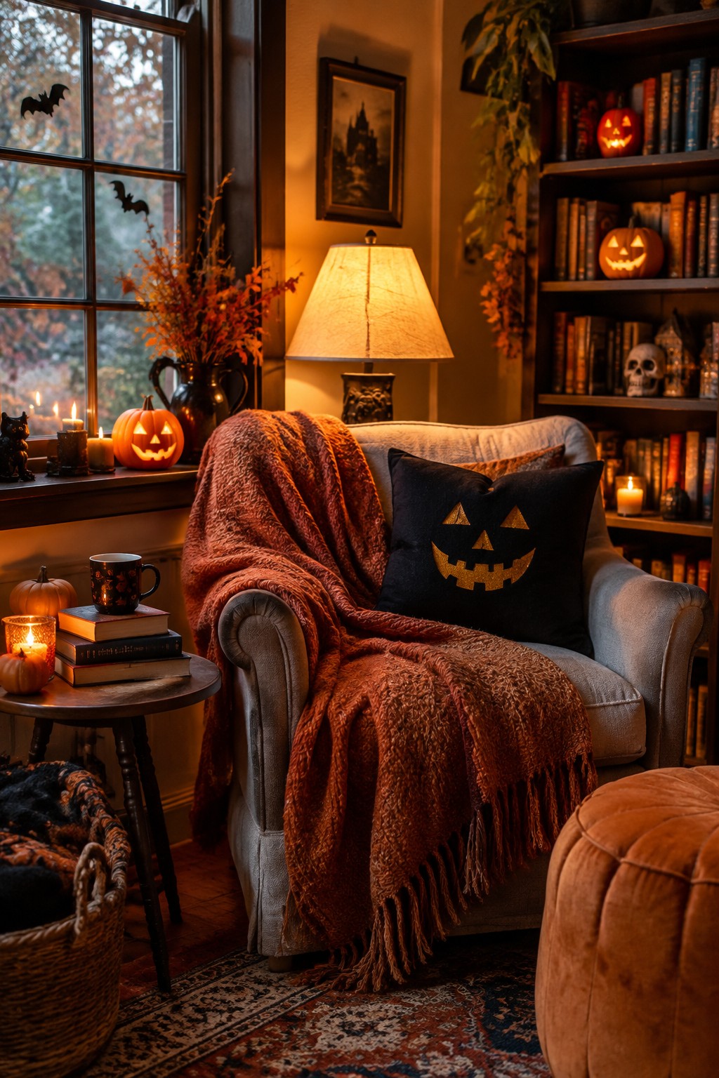 Cozy armchair with a jack o' lantern pillow and orange throw, flanked by carved pumpkins on the windowsill and a nearby table.