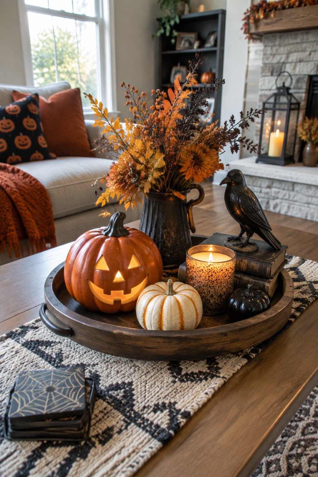 Wooden tray on a coffee table displaying a carved glowing jack o' lantern, a white striped pumpkin, a small black pumpkin, a lit candle, and a black bird figurine resting on stacked books.