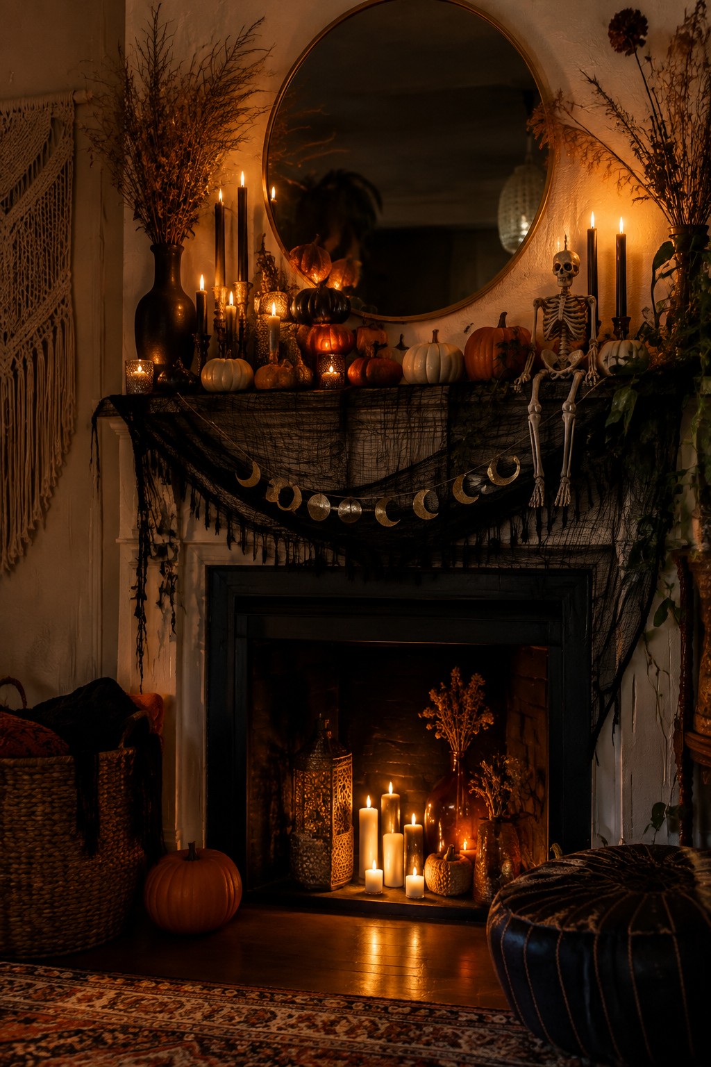A black fireplace mantel covered in assorted pumpkins, black mesh fabric, a skeleton figure, candles, and a moon phase garland.