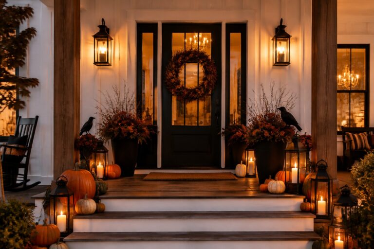 18 Stylish Pumpkin Decor Ideas for the Home This Season Front porch entry with multiple orange, white, and small green pumpkins arranged on the steps and ground beside black lanterns.