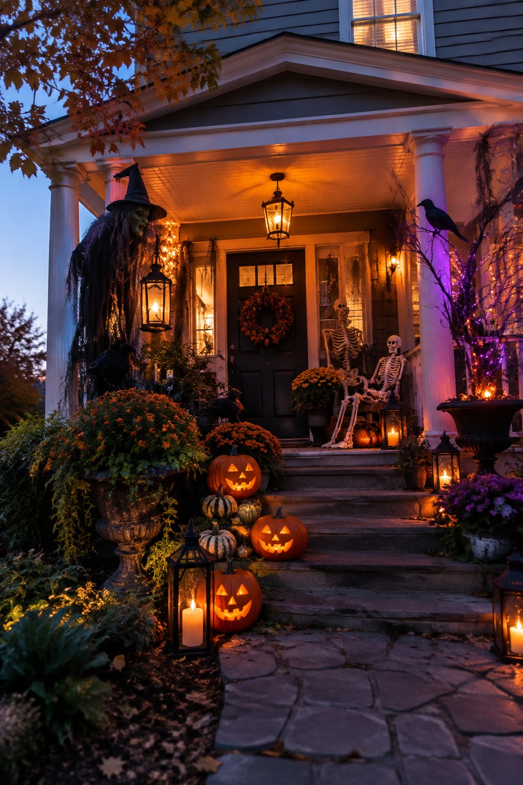 Front porch steps decorated with several carved and lit jack-o'-lanterns of different sizes next to lanterns and autumn plants.