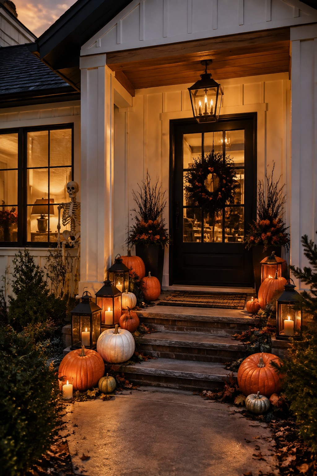 Front porch entry with multiple orange, white, and small green pumpkins arranged on the steps and ground beside black lanterns.
