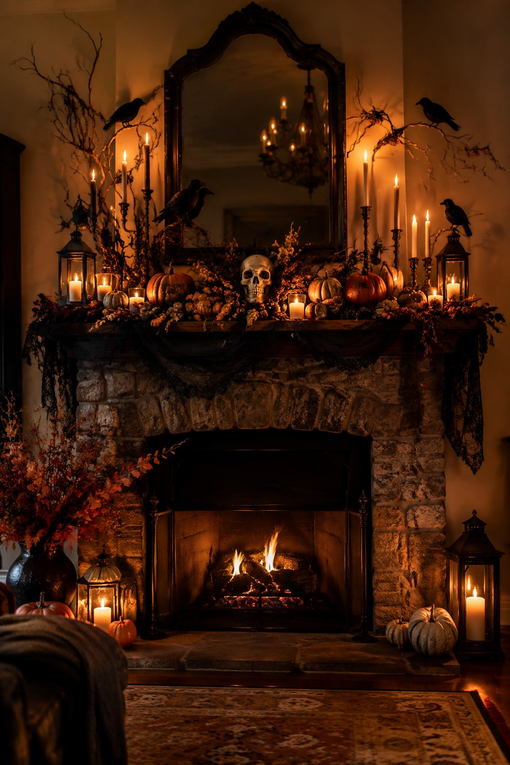 Stone fireplace mantel decorated with orange and white pumpkins, a central skull, black crows on branches, and lit candles.