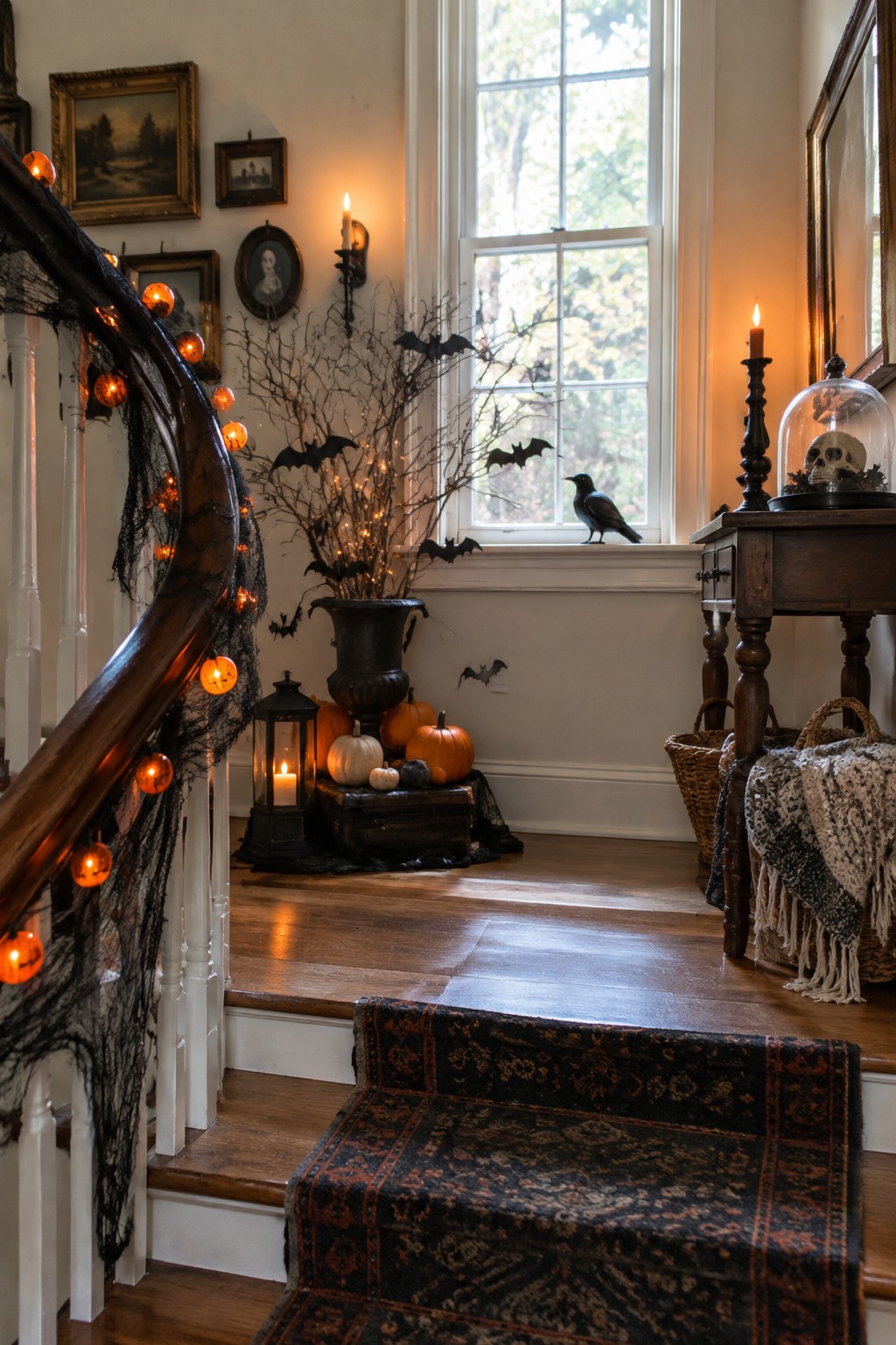 Wooden staircase landing decorated with a cluster of pumpkins, a black urn of branches with string lights and bats, and a lantern.