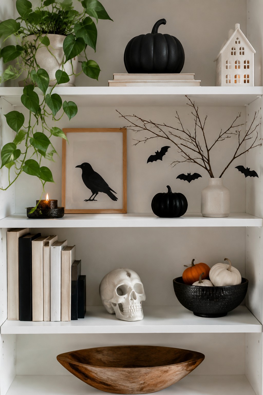 White built-in shelves with black bats hanging from branches in a vase, a framed crow print, black pumpkins, and a white skull.