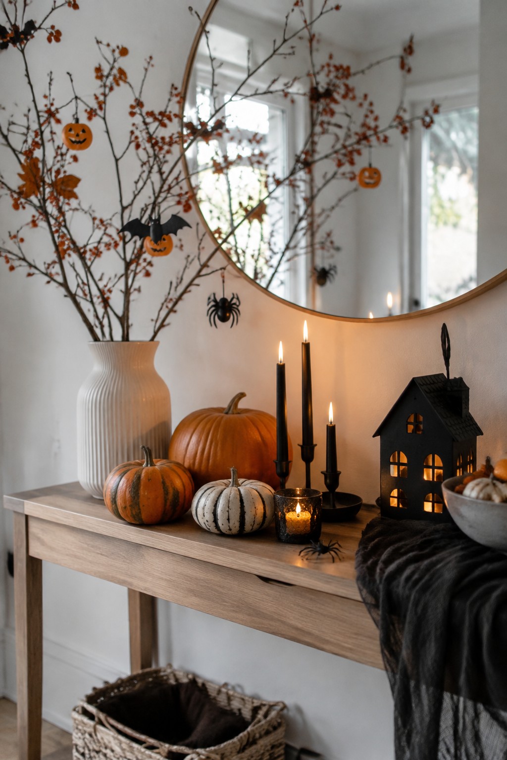 Console table with black branches holding hanging mini jack o lanterns, bats, and spiders above orange and white pumpkins and black candles.