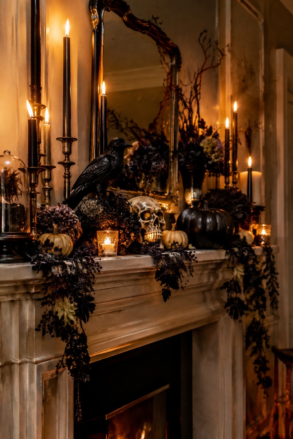 A marble fireplace mantel styled with black pumpkins, a black crow, a skull, and lit black candles for Halloween.