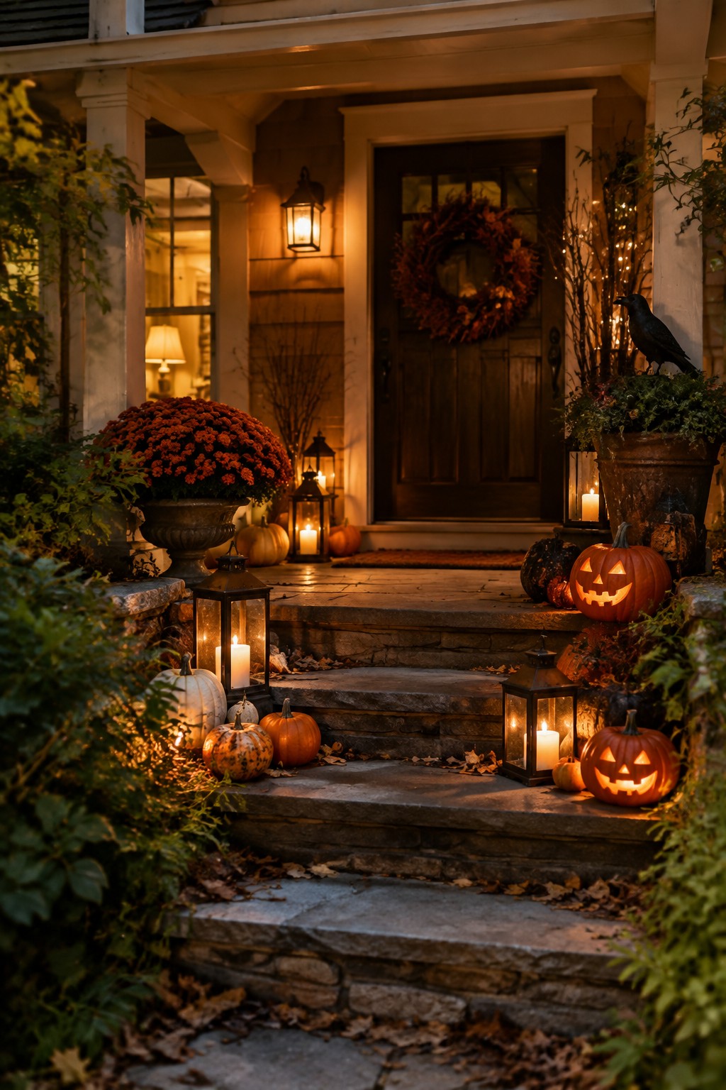 Glowing jack-o'-lanterns, lanterns, and pumpkins line stone steps to a wreath-adorned door.