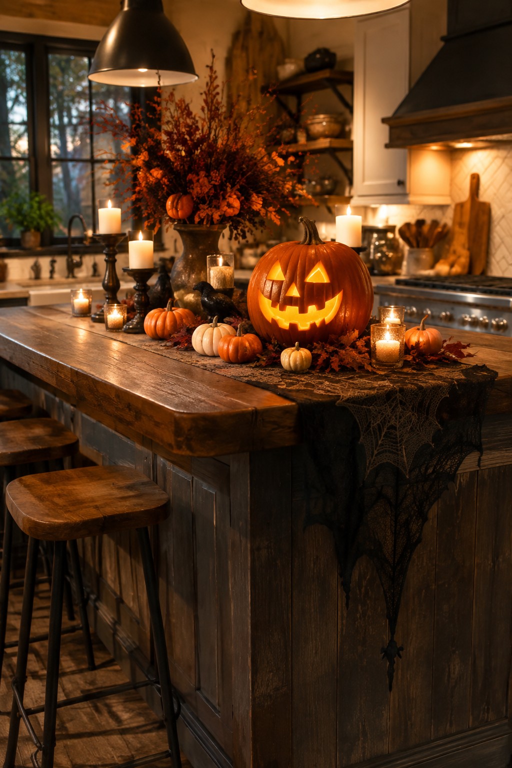 Kitchen island with a large carved and lit jack-o'-lantern, smaller pumpkins, candles, and a black spiderweb runner.