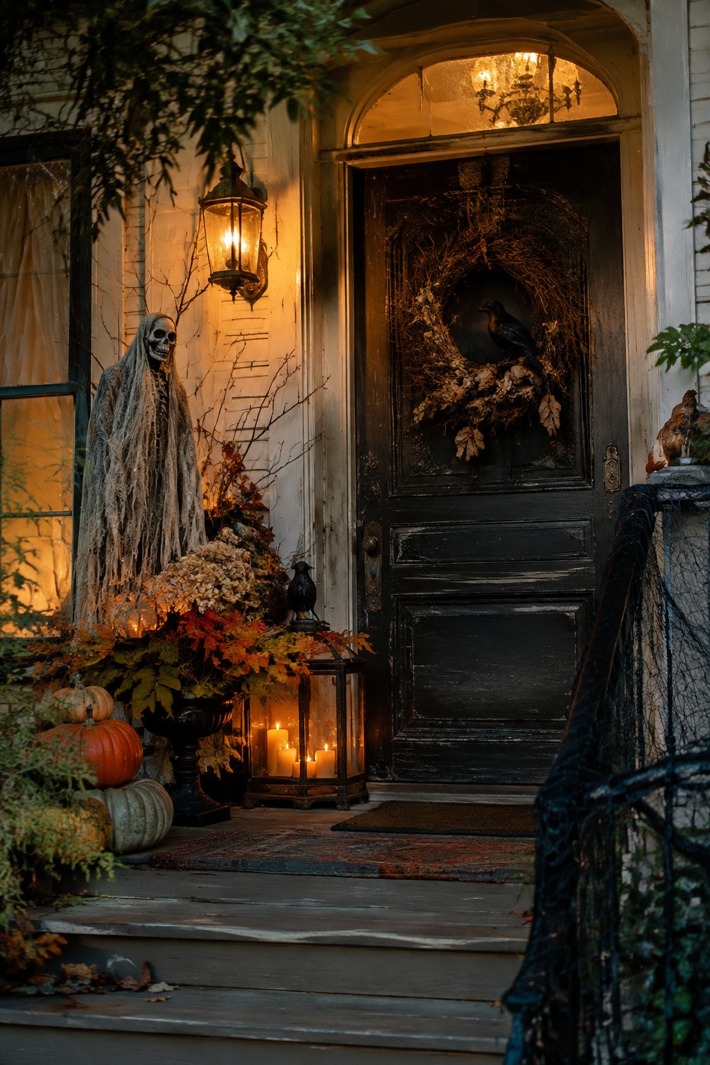 Front porch decorated with a draped skeleton, a group of pumpkins at its base, glowing lanterns, and a wreath holding a crow on the dark front door.