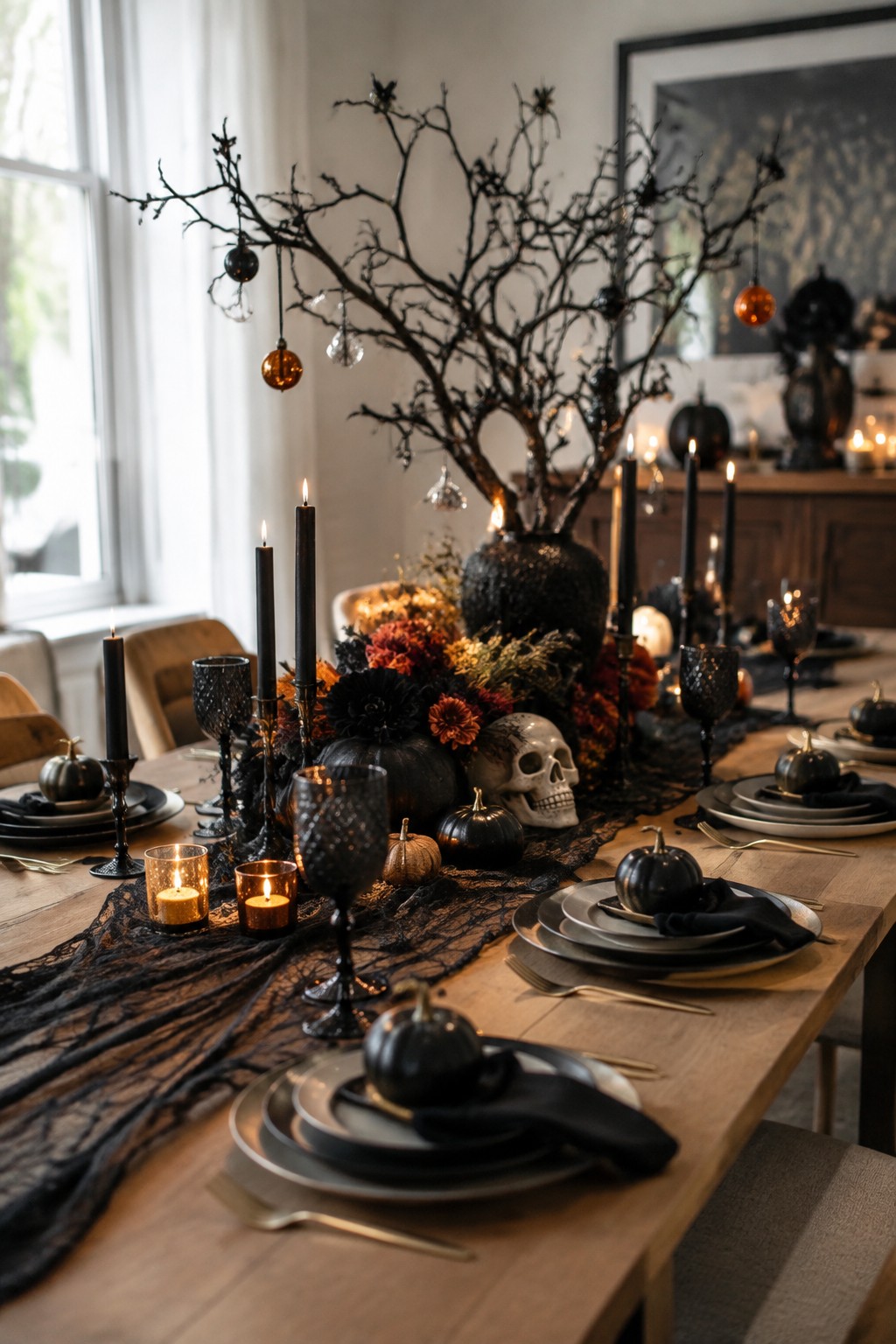 Dining table with a tall black branch centerpiece, black pumpkins, a skull, and dark candles arranged along a black lace runner.