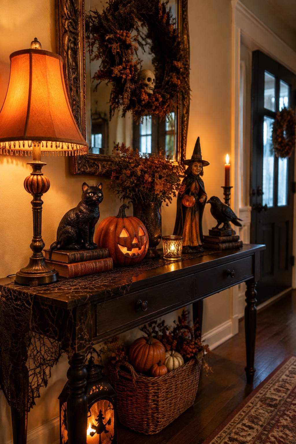 Halloween console table with black cat, jack-o'-lantern, witch, crow, and skull wreath mirror