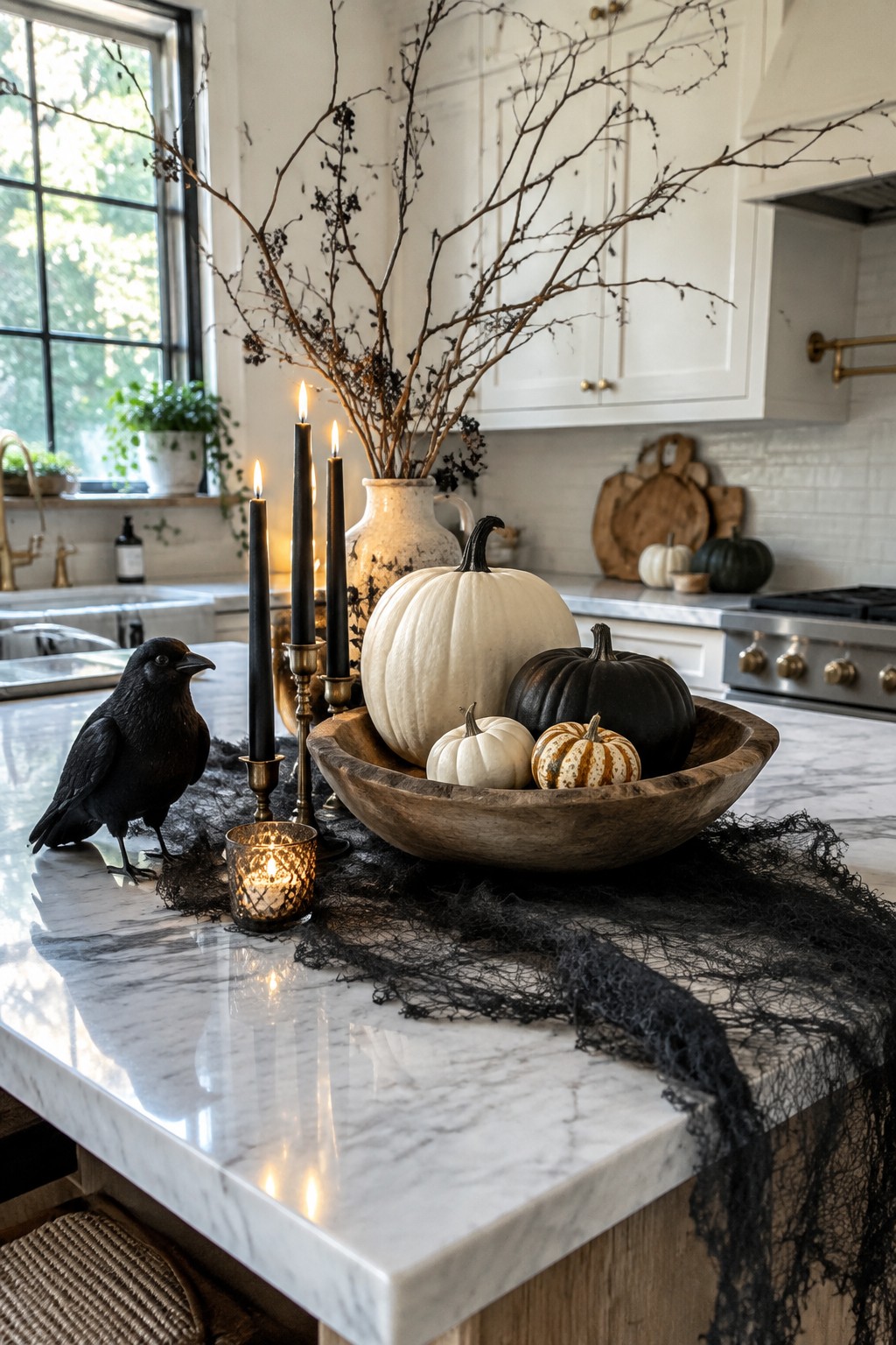 Kitchen island with a wooden bowl of white and black pumpkins, dark branches in a vase, black candles, and a black crow on a marble countertop.