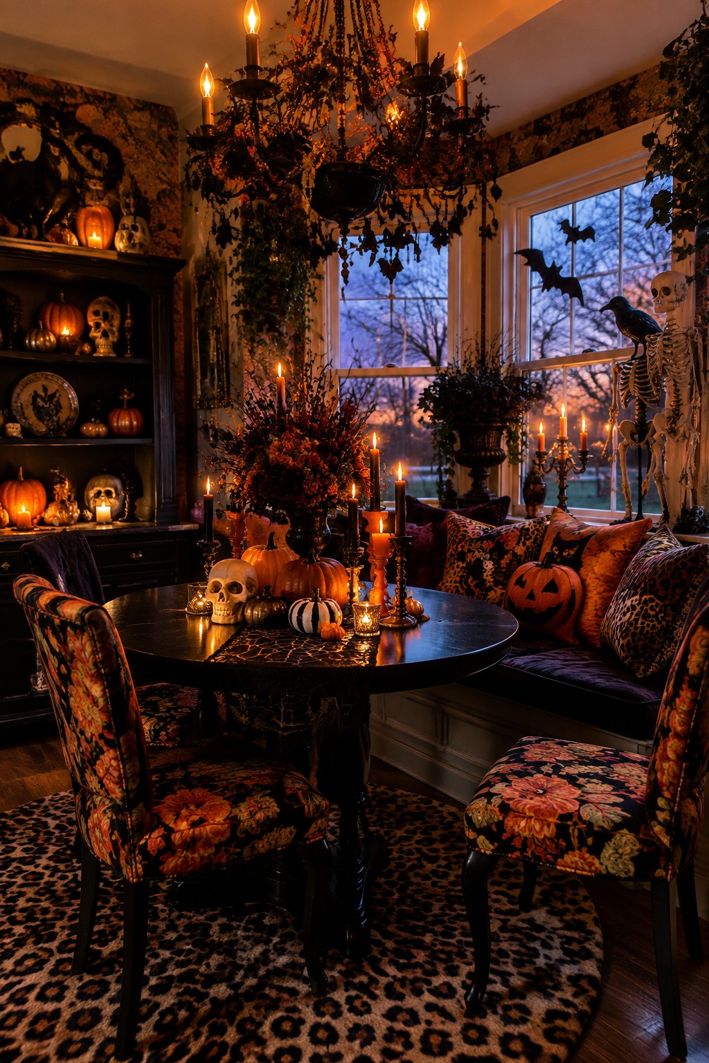 A dark round dining table set with orange pumpkins, a white skull, black candles, and a large floral arrangement under a decorated chandelier in a Halloween styled room.