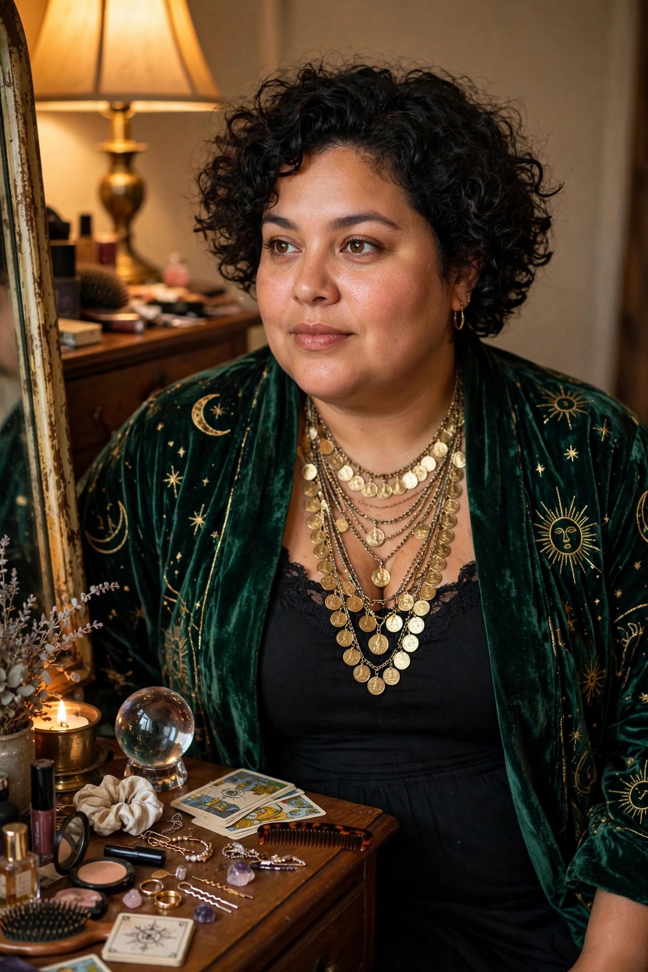 Woman wearing a dark green velvet robe embroidered with gold celestial designs and multiple layered gold coin necklaces, styled as a fortune teller with tarot cards visible on the table.