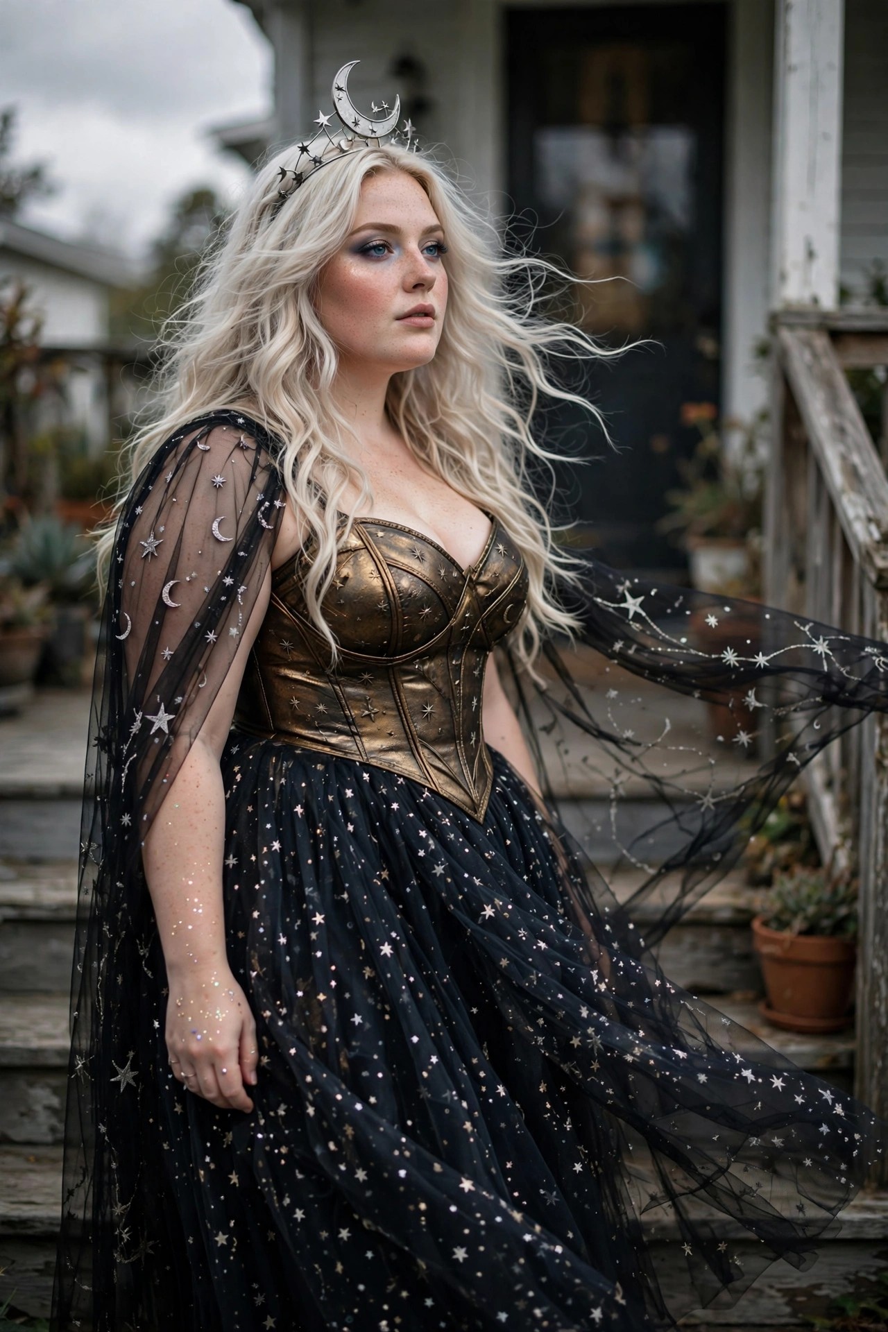 Plus size woman wearing a gold metallic corset with moon and star details, black starry tulle skirt, sheer black celestial cape, and crescent moon crown.