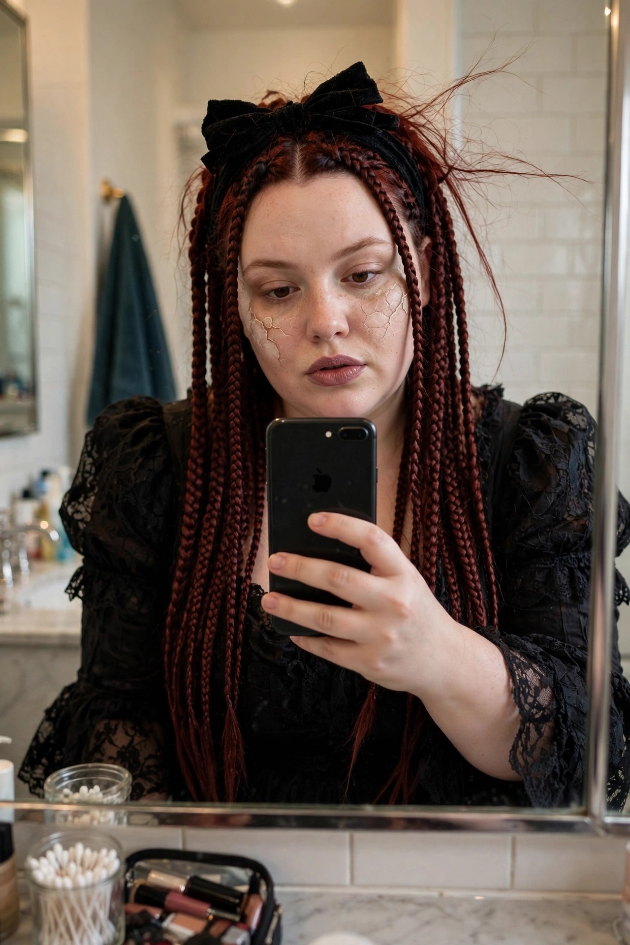 Woman with red braids and black velvet bow wearing black lace dress and cracked porcelain doll makeup while holding a black phone in a bathroom mirror.
