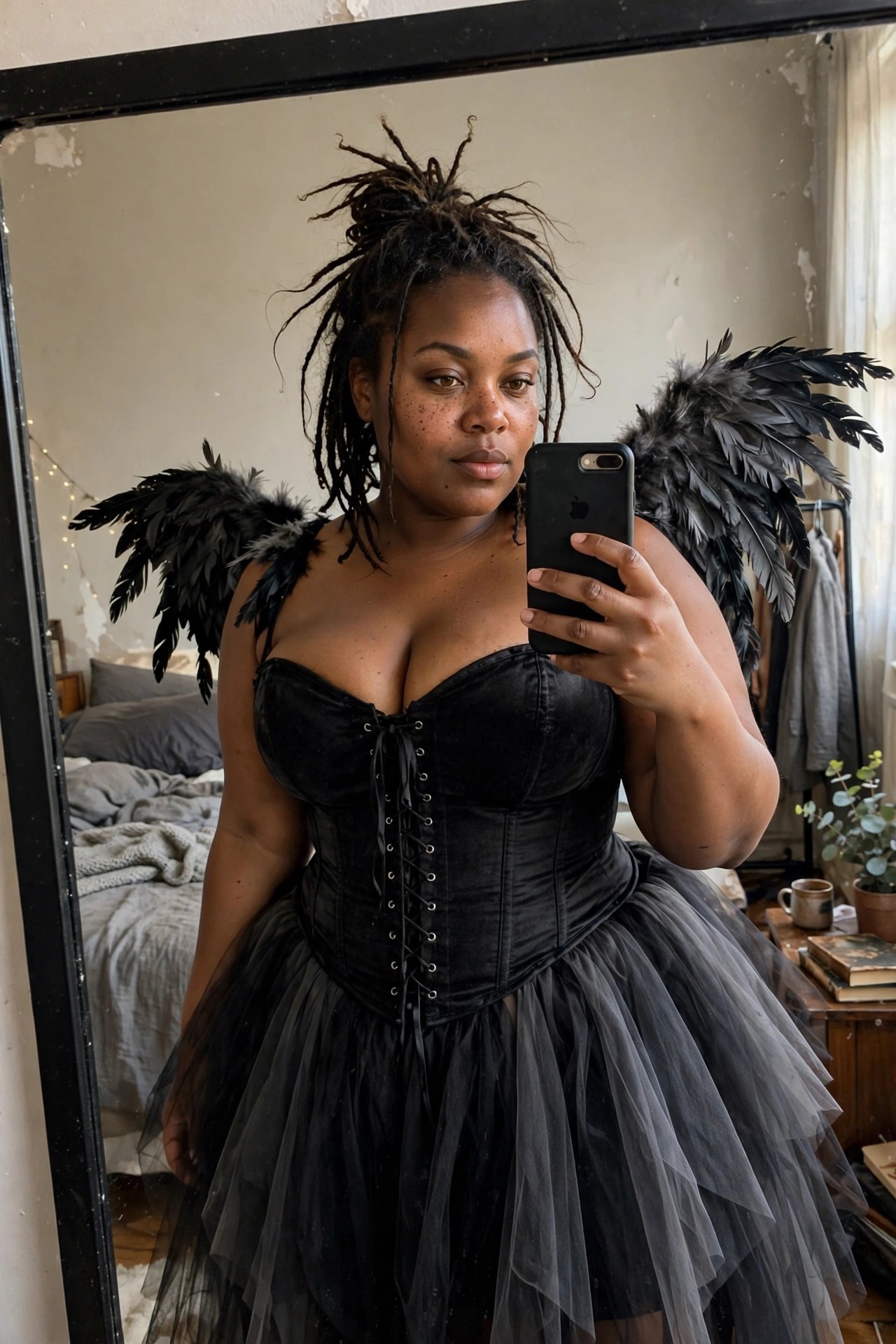 Woman wearing a black velvet corset, black tulle skirt, and large black feathered wings while taking a mirror selfie.